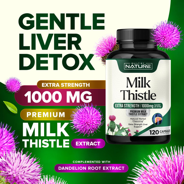 Built Nature Milk Thistle 1000Mg - Liver Detox Supplement With Silymarin Extract & Dandelion Root – Gentle Herbal Liver Cleanse For Men & Women - Liver Health Support - Non-Gmo - 120 Veggie Capsules