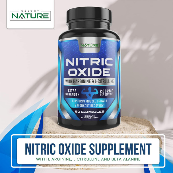 Built Nature Nitric Oxide Supplement L Arginine Extra Strength - Citrulline Malate, Aakg, Beta Alanine - Premium Muscle Supporting Nitric Booster For Strength & Energy To Train Harder - 60 Capsules