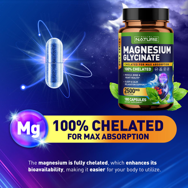 Built Nature Magnesium Glycinate 2500Mg - High Absorption Chelated Magnesium Supplement - 100% Pure Magnesium Glycinate - Stress, Sleep, Heart, Muscle Health Support - Non-Gmo, Vegan, Gluten-Free - 180 Capsules