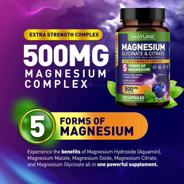Built Nature Magnesium Complex 500Mg - 5 Forms Of Magnesium Glycinate, Citrate, Malate, Oxide & Aquamin With 72 Trace Minerals - Chelated For Absorption - Supplement For Muscle, Nerve, Heart & Sleep (120 Capsules)
