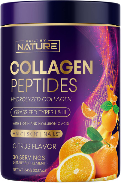 Built Nature Collagen Powder, Hydrolyzed Type 1 & 3 Peptides, Grass-Fed With Hyaluronic Acid And Vitamin C, Healthy Hair, Skin, Nails, Bones & Joints, Keto & Paleo Friendly, Non-Gmo, Citrus Flavor – 30 Servings