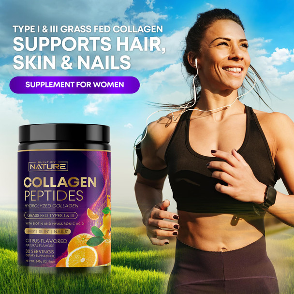 Built Nature Collagen Powder, Hydrolyzed Type 1 & 3 Peptides, Grass-Fed With Hyaluronic Acid And Vitamin C, Healthy Hair, Skin, Nails, Bones & Joints, Keto & Paleo Friendly, Non-Gmo, Citrus Flavor – 30 Servings
