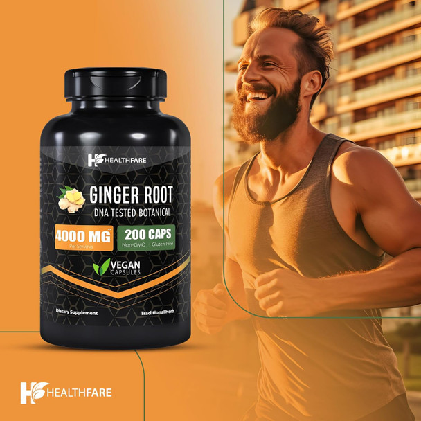 Healthfare Ginger Root Capsules 4000Mg | 200 Count | Ultra Strength Supplement | Gluten-Free & Non-Gmo