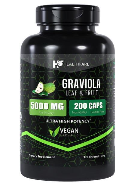 Healthfare Graviola Capsules 5000Mg Leaf & Fruit Extract | 200 Capsules | High Potency | Soursop Capsules | Made In The Usa (200 Count (Pack Of 2)