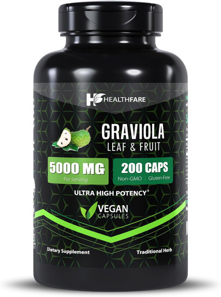 Healthfare Graviola Capsules 5000Mg Leaf & Fruit Extract | 200 Capsules | High Potency | Soursop Capsules | Made In The Usa (200 Count (Pack Of 2)