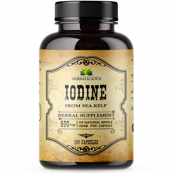 HERBALICIOUS Iodine Sea Kelp Natural Iodine Pure Healthy Thyroid Support Natural Antioxidants Thyroid Support With Iodine Metabolism Energy Immune Booster - 100Caps