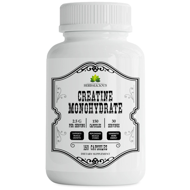 HERBALICIOUS Creatine Nutritional Supplements – Creatine Monohydrate Pills – 2.5G Creatine Pills Monohydrate For Muscle Size, Strength, And Power – Non-Gmo Formula – 150 Capsules