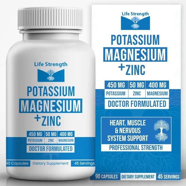 Life Strength Magnesium Potassium Supplements + Zinc 90 Capsules For Vascular Health – High Absorption Vegan, Natural Ingredients Supplement For Leg Cramps And Sleep