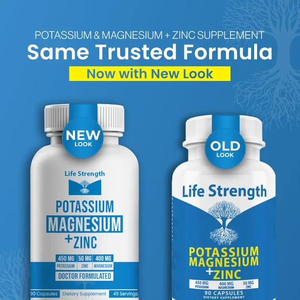 Life Strength Magnesium Potassium Supplements + Zinc 90 Capsules For Vascular Health – High Absorption Vegan, Natural Ingredients Supplement For Leg Cramps And Sleep