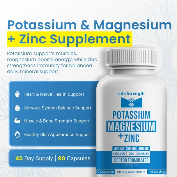 Life Strength Magnesium Potassium Supplements + Zinc 90 Capsules For Vascular Health – High Absorption Vegan, Natural Ingredients Supplement For Leg Cramps And Sleep