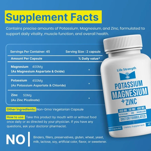 Life Strength Magnesium Potassium Supplements + Zinc 90 Capsules For Vascular Health – High Absorption Vegan, Natural Ingredients Supplement For Leg Cramps And Sleep