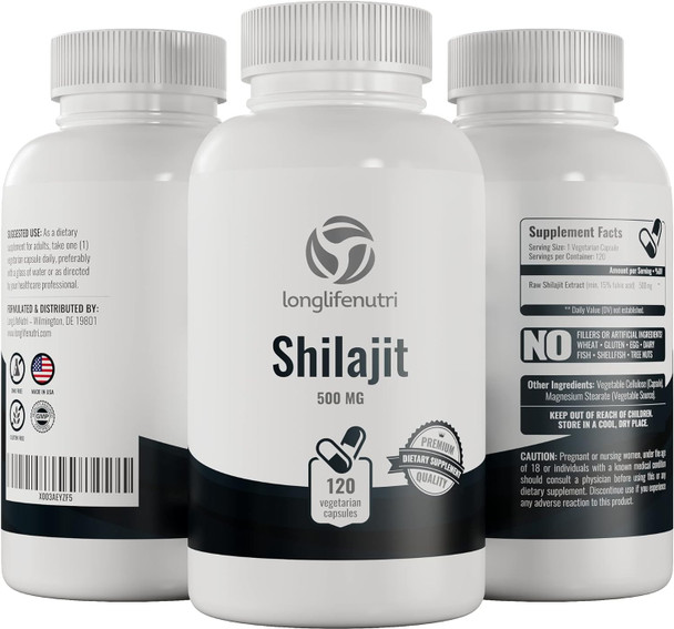 LongLifeNutri Shilajit Capsules 500Mg 120 Vegetarian Pills | Original Fulvic Acid Extract Supplement | Supports Energy Production And Mitochondrial Function | Natural Himalayan Pure Powder Complex | Ayurvedic Herb