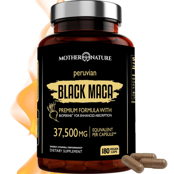 Mother Nature Organics Superfoods for Organic Living Organic Black Maca Root Extract Highest Potency 50:1, 37,500Mg, 6 Month Supply, Boost Stamina, Performance, Energy, Muscle Gain & Workout, Peruvian Maca Pills W/Bioperine & Non-Gmo