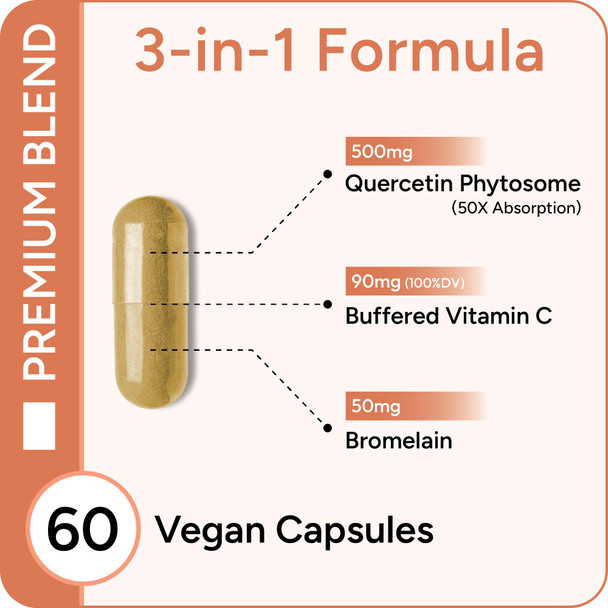 Natural Approach High Absorption Quercetin Phytosome - 50X More Bioavailable - With Bromelain & Vitamin C - Immune Support, Seasonal Allergy Relief & Cellular Health - Antioxidant Vegan Supplement - 60 Capsules