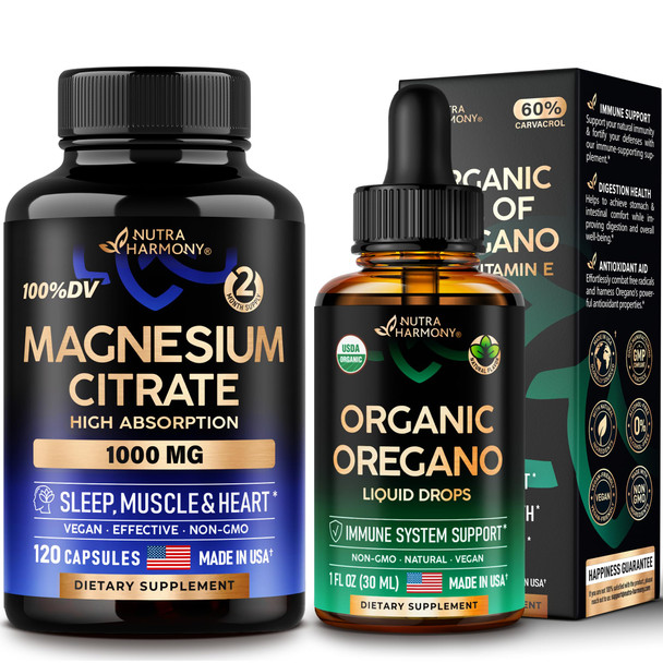 NUTRAHARMONY Organic Oregano Oil Drops & Magnesium Citrate Capsules