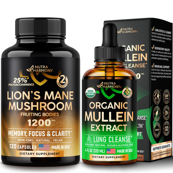 NUTRAHARMONY Lions Mane Capsules & Organic Mullein Drops