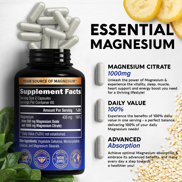 NUTRAHARMONY Magnesium Citrate Capsules 1000Mg | 100% Dv | High Absorption Supplement - Sleep, Muscle & Heart Support - Vegan | Non-Gmo - Made In Usa - As Powder | Pills | Tablets - 120 Capsules, 2 Month Supply