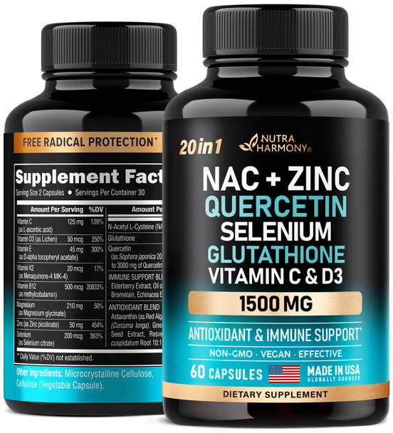 NUTRAHARMONY Nac 600 Mg Supplement | Quercetin | Zinc | Glutathione | Selenium | Vitamin C & D3 - Antioxidant, Immune & Liver Support - 21In1 N-Acetyl Cysteine Complex - Made In Usa - Non-Gmo, Vegan - 60 Capsules