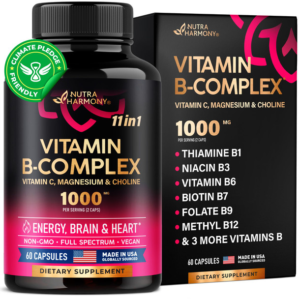 NUTRAHARMONY Vitamin B Complex - 11-In-1 B-Complex: B1, B2, B3, B5, B6, B7, B8, B9, B12 With Vitamin C, Choline, Inositol - For Men & Women - Made In Usa - Energy, Brain & Heart Support Supplements - 60 Vegan Caps