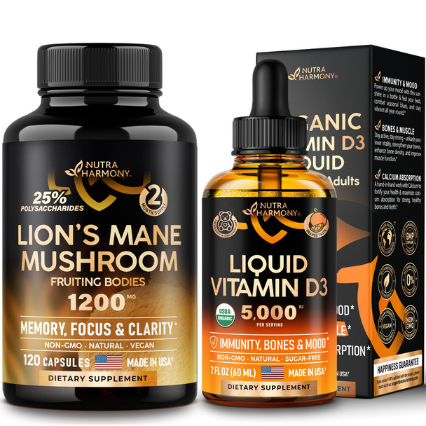 NUTRAHARMONY Organic Vitamin D3 Drops & Lions Mane Mushroom Capsules