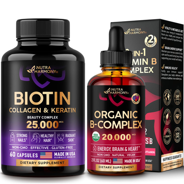 NUTRAHARMONY Organic Vitamin B Complex Drops & Biotin, Collagen Capsules