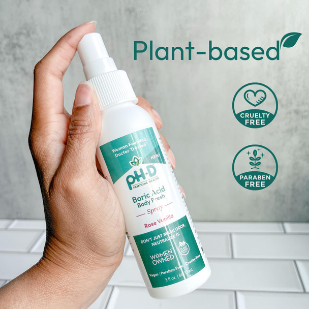 pH-D Feminine Health - Boric Acid Body Fresh Spray - Vegan, Paraben-Free, Plant Based - Rose Vanilla Scented - 3Oz.