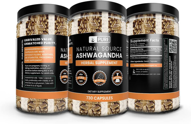 PURE ORIGINAL INGREDIENTS Ashwagandha (730 Capsules) No Magnesium Or Rice Fillers, Always Pure, Lab Verified