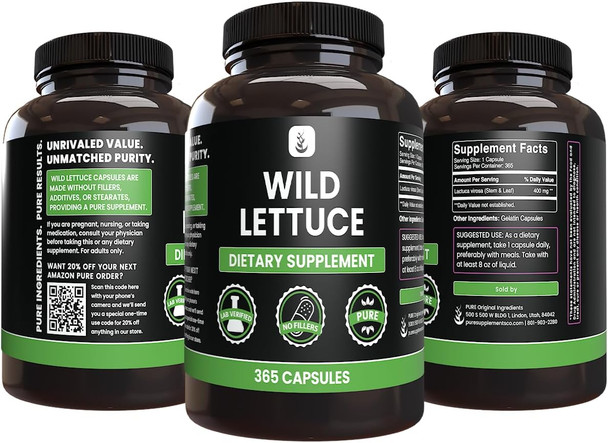 PURE ORIGINAL INGREDIENTS Wild Lettuce (365 Capsules) No Magnesium Or Rice Fillers, Always Pure, Lab Verified