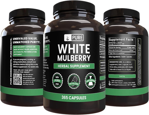 PURE ORIGINAL INGREDIENTS White Mulberry (365 Capsules) No Magnesium Or Rice Fillers, Always Pure, Lab Verified