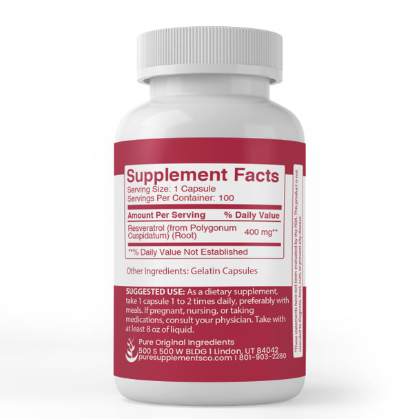 PURE ORIGINAL INGREDIENTS Resveratrol, (100 Capsules) Always Pure, No Additives Or Fillers, Lab Verified