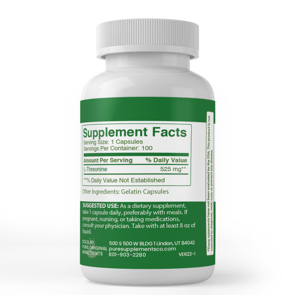 PURE ORIGINAL INGREDIENTS L-Threonine Capsules, (100 Capsules) Always Pure, No Additives Or Fillers, Lab Verified