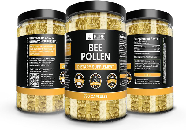 PURE ORIGINAL INGREDIENTS Bee Pollen, No Magnesium Or Rice Fillers, Always Pure, Lab Verified (730 Capsules)