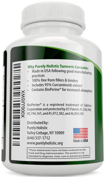 Purely Holistic Turmeric Curcumin With Bioperine - 120 Vegan Capsules - 700Mg Of Tumeric Per Capsule - With Black Pepper Extract 95% Curcuminoids