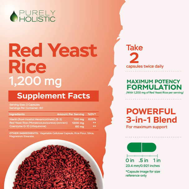 Purely Holistic Red Yeast Rice 1200Mg With Coq10 & Flush Free Niacin 120 Vegetarian Capsules - Non Irradiated, Citrinin Free