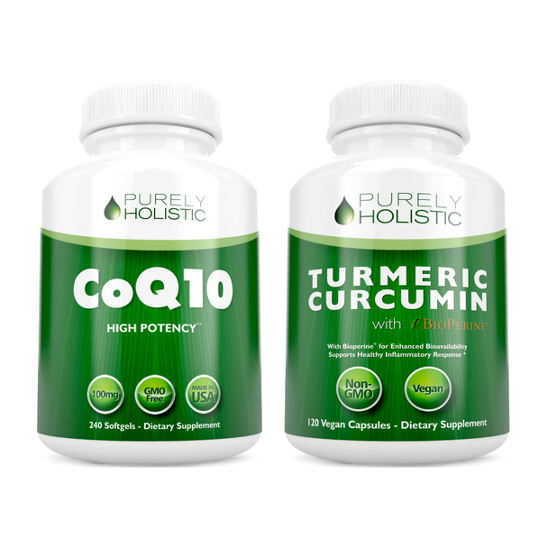 Purely Holistic Coq10 100Mg + Organic Turmeric Curcumin 700Mg With Bioperine Black Pepper - 120 Softgels & 120 Capsules - 95% Curcuminoids - Made In Usa