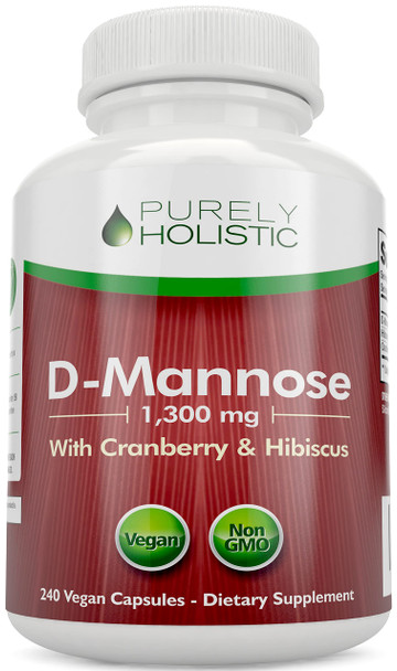 Purely Holistic D Mannose 1300Mg, 3-In-1 Formula D-Mannose Capsules With Cranberry & Hibiscus, 240 Fast Acting Vegan Capsules, Natural Urinary Tract & Bladder Health Support, High Strength, For Men & Women