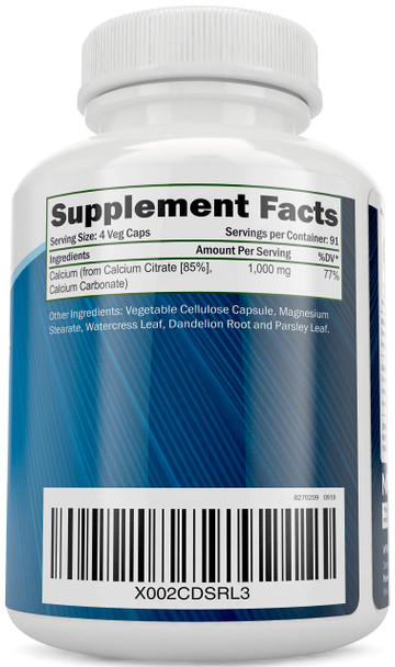 Purely Holistic Calcium Citrate 1000Mg - 365 Vegan Capsules Not Tablets With Added Parsley, Dandelion And Watercress - Without Vitamin D - Made In The Usa By
