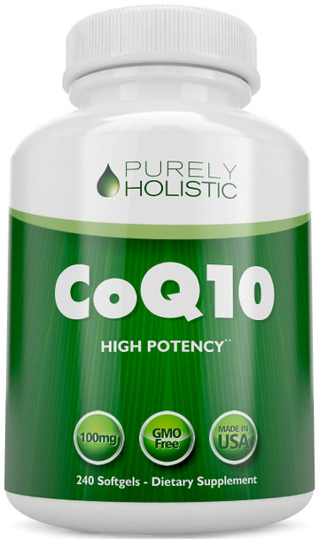 Purely Holistic Coq10 100Mg - 240 Softgels - 8 Month Supply - Ubiquinone Coenzyme Q10 Supplement - With Organic Olive Oil - Soy Free Co Q 10 - Made In The Usa