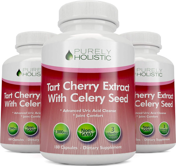 Purely Holistic Tart Cherry Extract Capsules 1,000Mg - 50% More 180 Capsules, 3 Month Supply - Blend With Tart Cherry And Celery Seed Powder