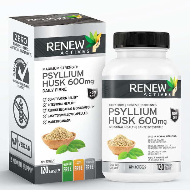 Renew Actives Psyllium Husk Capsules - Bulk-Forming Laxative - Soluble Fiber Supplement For Adult Health & Well-Being - Pure Ingredients, 120 Capsules