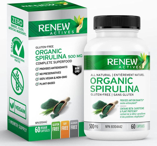 Renew Actives Maximum Strength Spirulina Tablets – 1000Mg Per Serving! Supports Immune System, Heart, Cells And Energy – Rich In Antioxidants, Vitamins, Minerals. 60 Supplement Capsules!