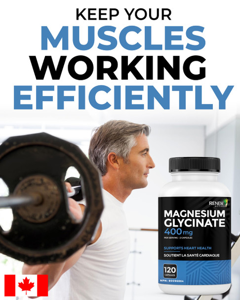 RENEW ACTIVES Magnesium Glycinate 400MG per 2 Capsules Pure Magnesium Bisglycinate for Full Body Relaxation Sleep Muscles Bones and Energy 120 Capsules