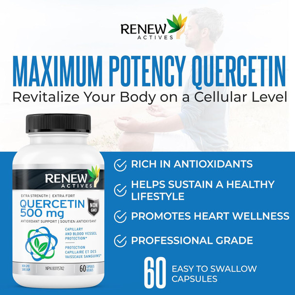 Renew Actives Quercetin 500Mg - Max Potency, Natural Bioflavonoid Antioxidant - Free Radical Defense, Powerful Immune & Circulatory Protection - Boosted Energy For A Healthier Lifestyle - 60 Capsules