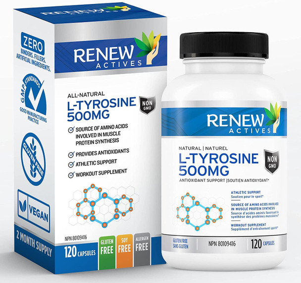 Renew Actives Potent L-Tyrosine Supplement For Amino Acid Support | Boost Muscle Protein Synthesis, Enhance Health & Well Being | 500Mg, 120 Capsules