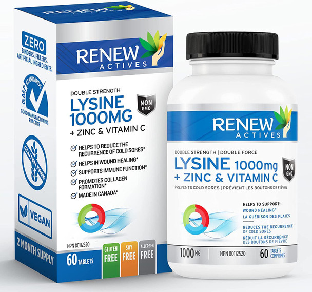 Renew Actives Maximum Strength L-Lysine 1000Mg Capsules W. Zinc & Vitamin C (Rare) - Collagen For Hair, Skin & Nails - Easy To Swallow & Vegan - Made In Canada