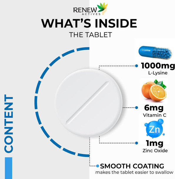 Renew Actives Maximum Strength L-Lysine 1000Mg Capsules W. Zinc & Vitamin C (Rare) - Collagen For Hair, Skin & Nails - Easy To Swallow & Vegan - Made In Canada