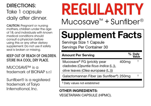 Silver Fern Regularity Digestive Supplement Capsules Brand - 1 Bottle = 30 Capsules = 30 Day Supply - Mucosave Fg (Prickly Pear Polysaccharides & Olive Leaf Polyphenols) & Sunfiber