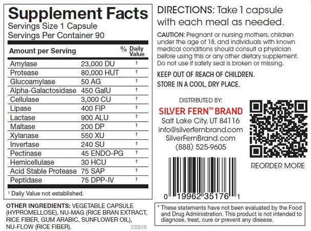 Silver Fern Brand Ultimate Digestive Enzyme Supplement - 1 Bottle = 30 Caplsules - High Potency, Multi Enzyme - Digestive Comfort & Food Tolerance - Hemicullulase, Peptidase, Maltase, More