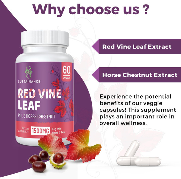 SUSTAINANCE Red Vine Leaf Extract 1400Mg & Horse Chestnut Extract 100Mg Supplement For Leg, Vein, Circulation, Heart, Skin (60 Capsules - 2 Bottle)