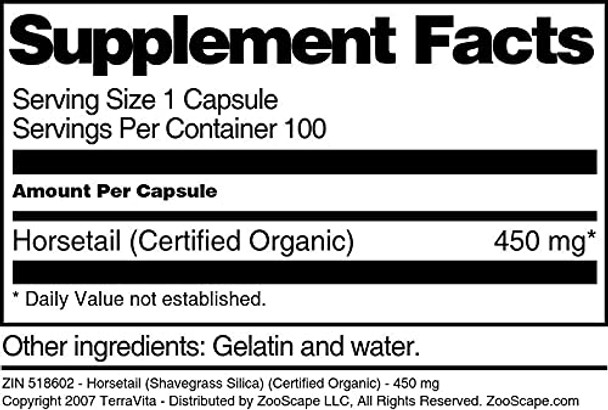 Terravita Horsetail (Shavegrass Silica) (Certified Organic) - 450 Mg (100 Capsules, Zin: 518602)